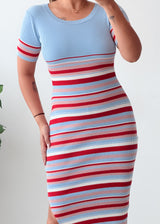 Size S-M Blue Red Striped Ribbed Midi Dress