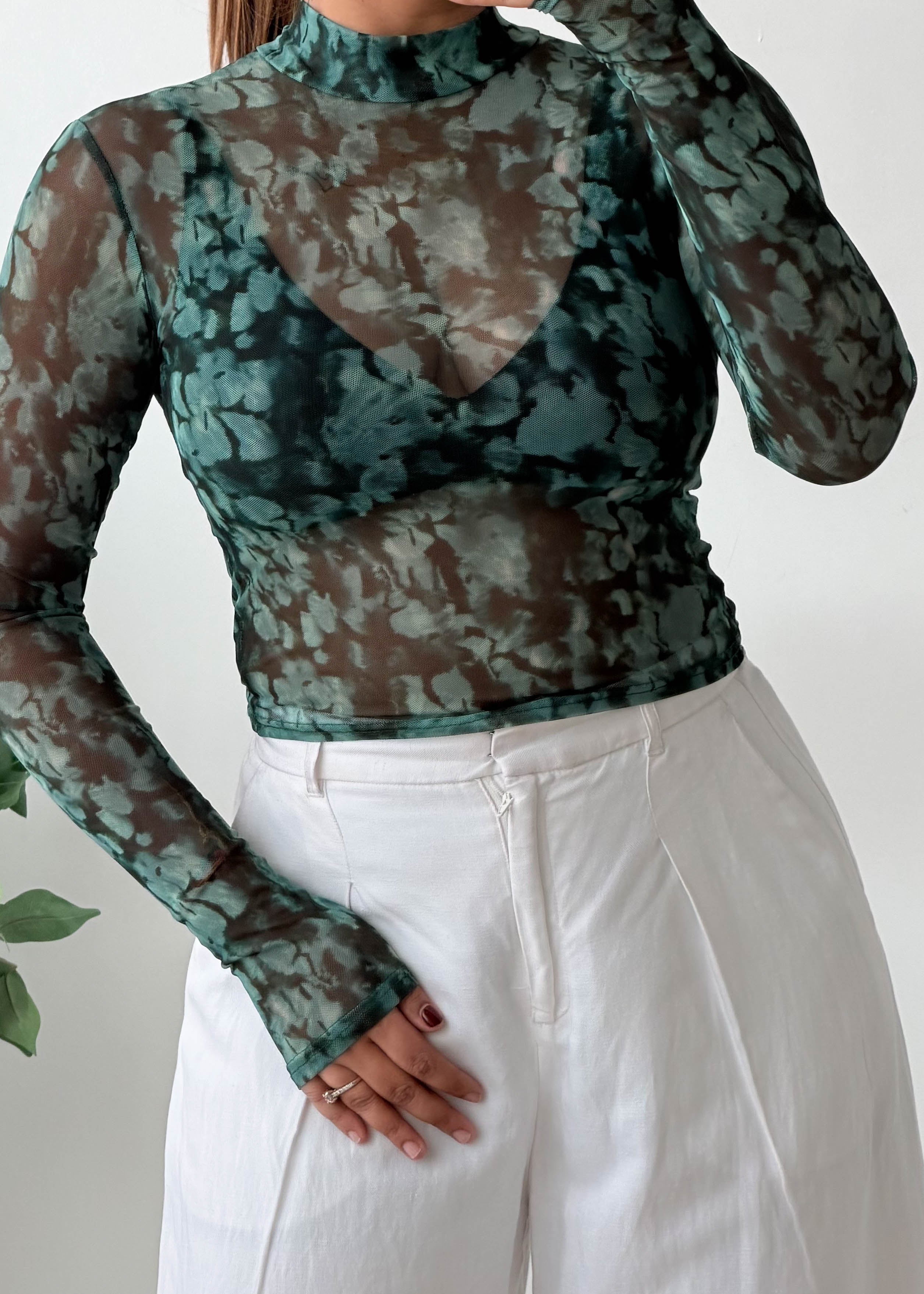 Size S-M Teal Printed Sheer Mesh Top