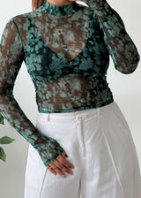 Size S-M Teal Printed Sheer Mesh Top