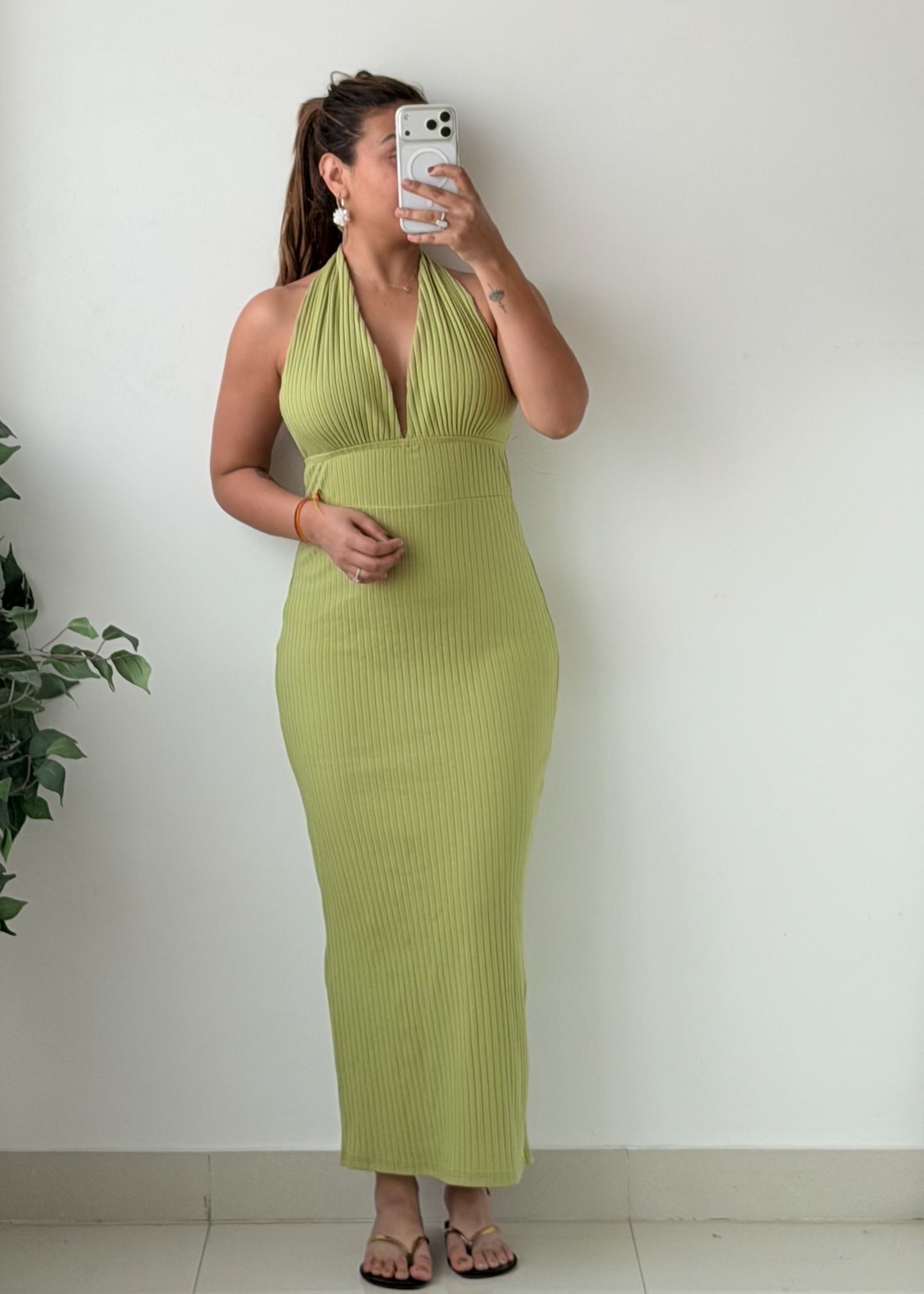 Size S-M Lime Green Halter Neck Ribbed Maxi Dress