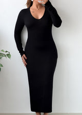 Size S-M Black Long Sleeve V-Neck Bodycon Maxi Dress