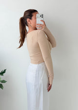 Size M-L Beige Tie-Front Ribbed Top