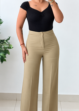 Waist 28-30, Beige Wide Leg Tailored Pants with Front Pleats