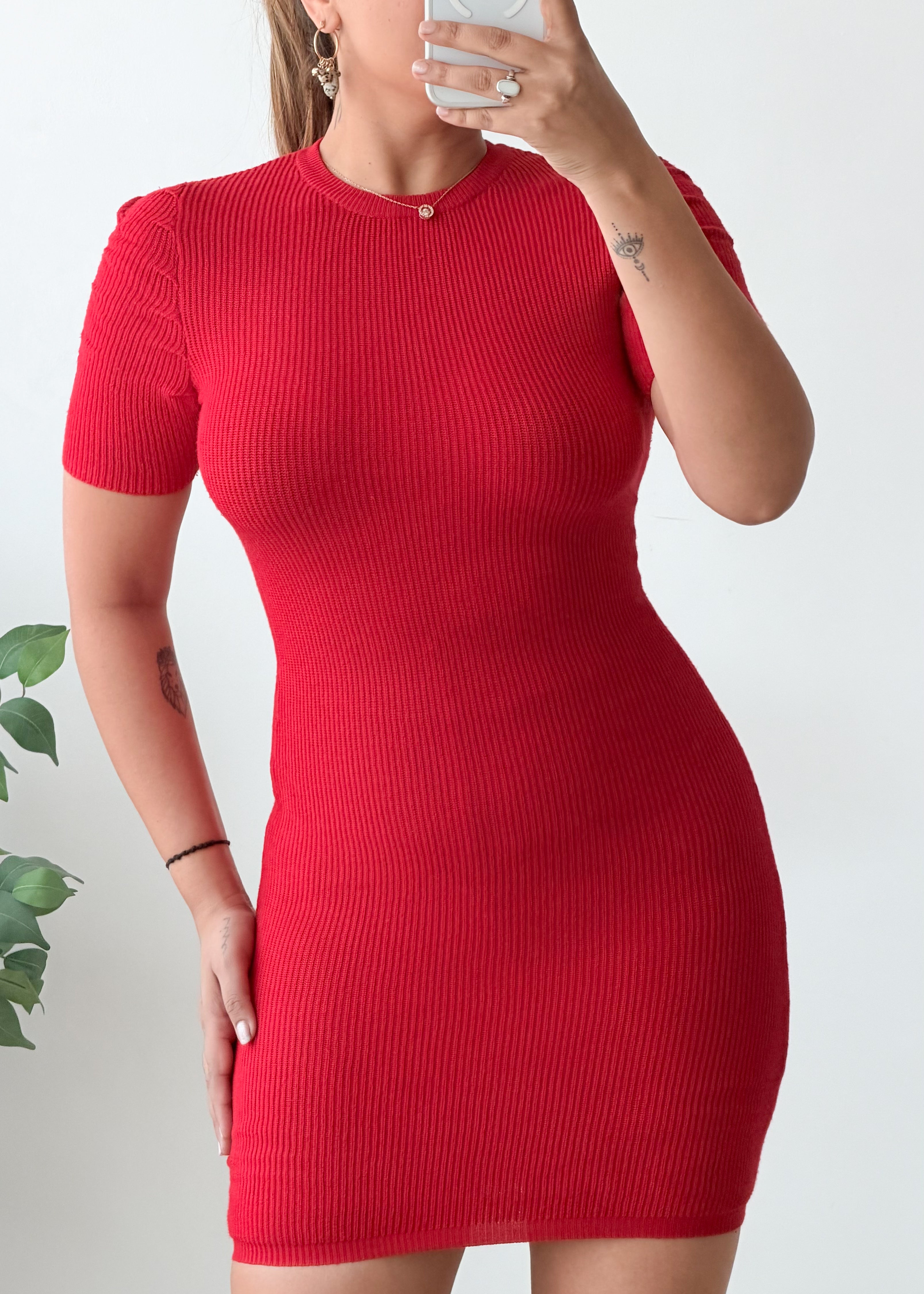 Size XS-M Red Ribbed Bodycon Mini Dress