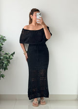 Size M-L Black Off-Shoulder Crochet Maxi Dress