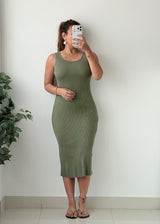Size S-M Olive Green Ribbed Bodycon Midi Dress