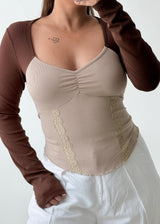 Size M-L Brown Beige Mesh Sleeve Top