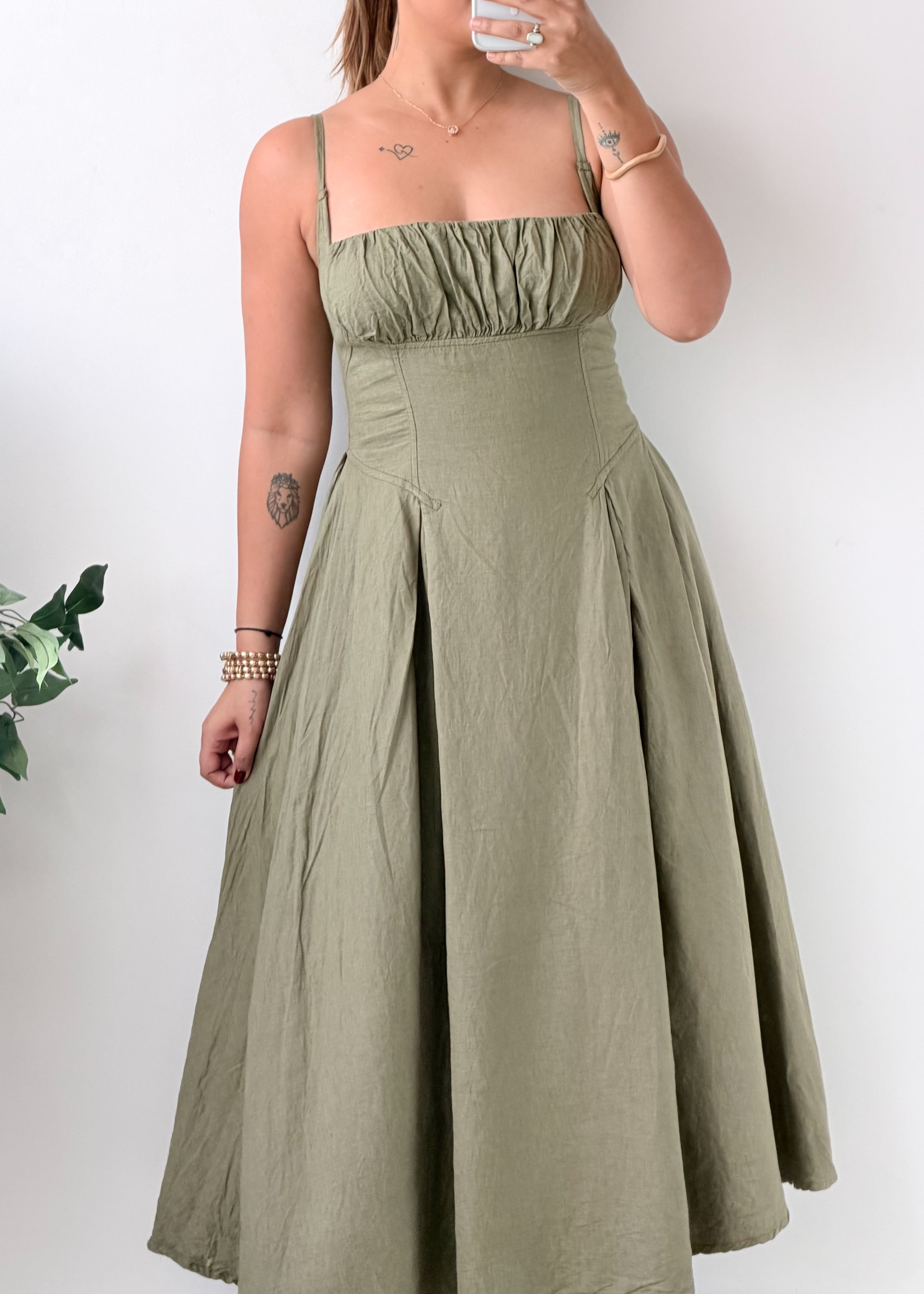 Size S-M Olive Green Pleated Maxi Dress