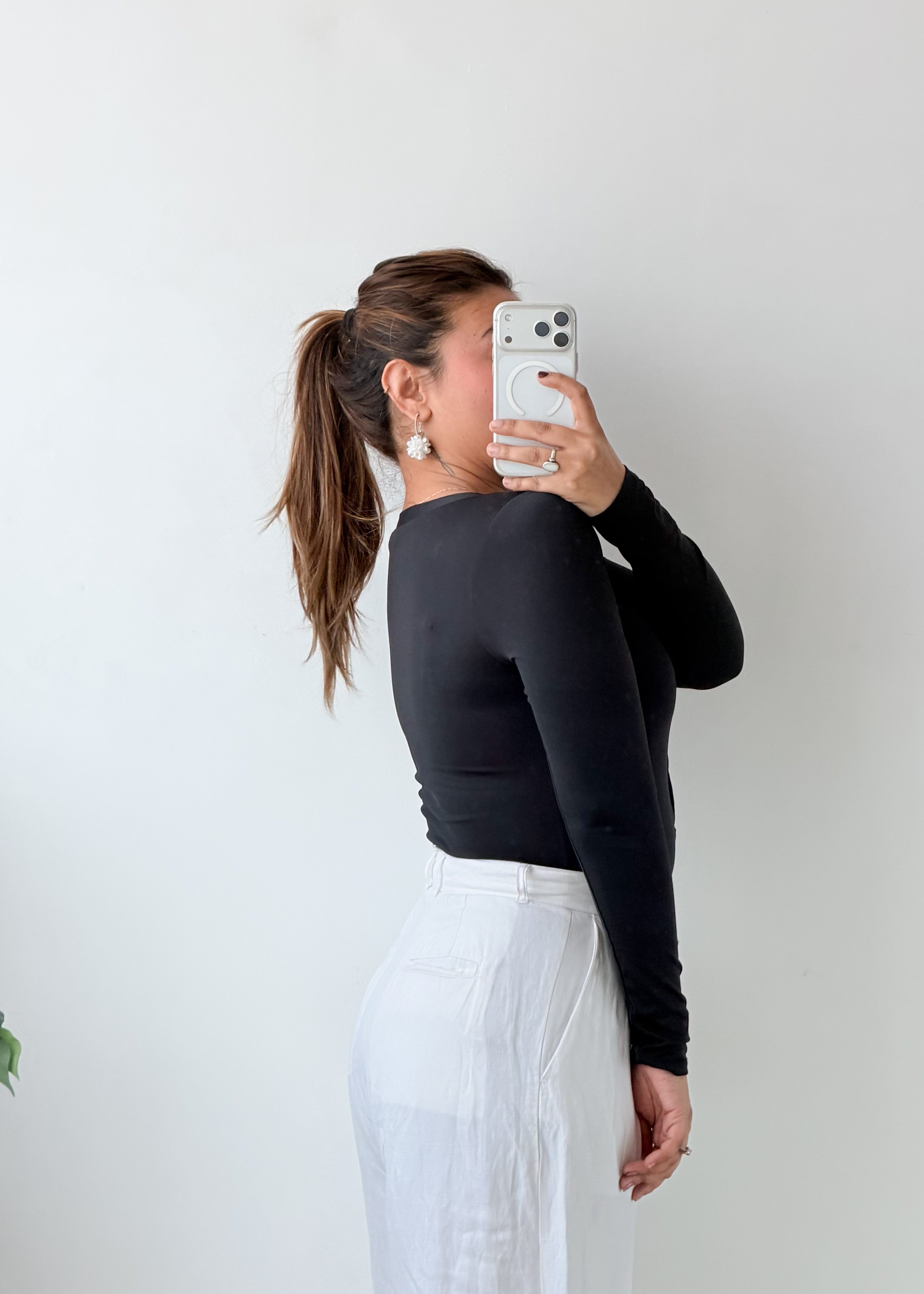 Size XS-S Black Button-Front V-Neck Bodysuit