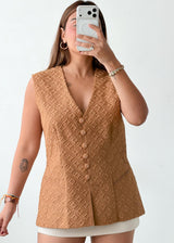 Bust 44, Tan Textured Button-Front Vest Top