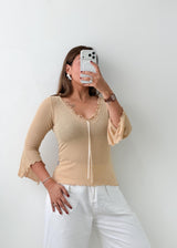 Size S-M Beige Ruched Lace-Up Top