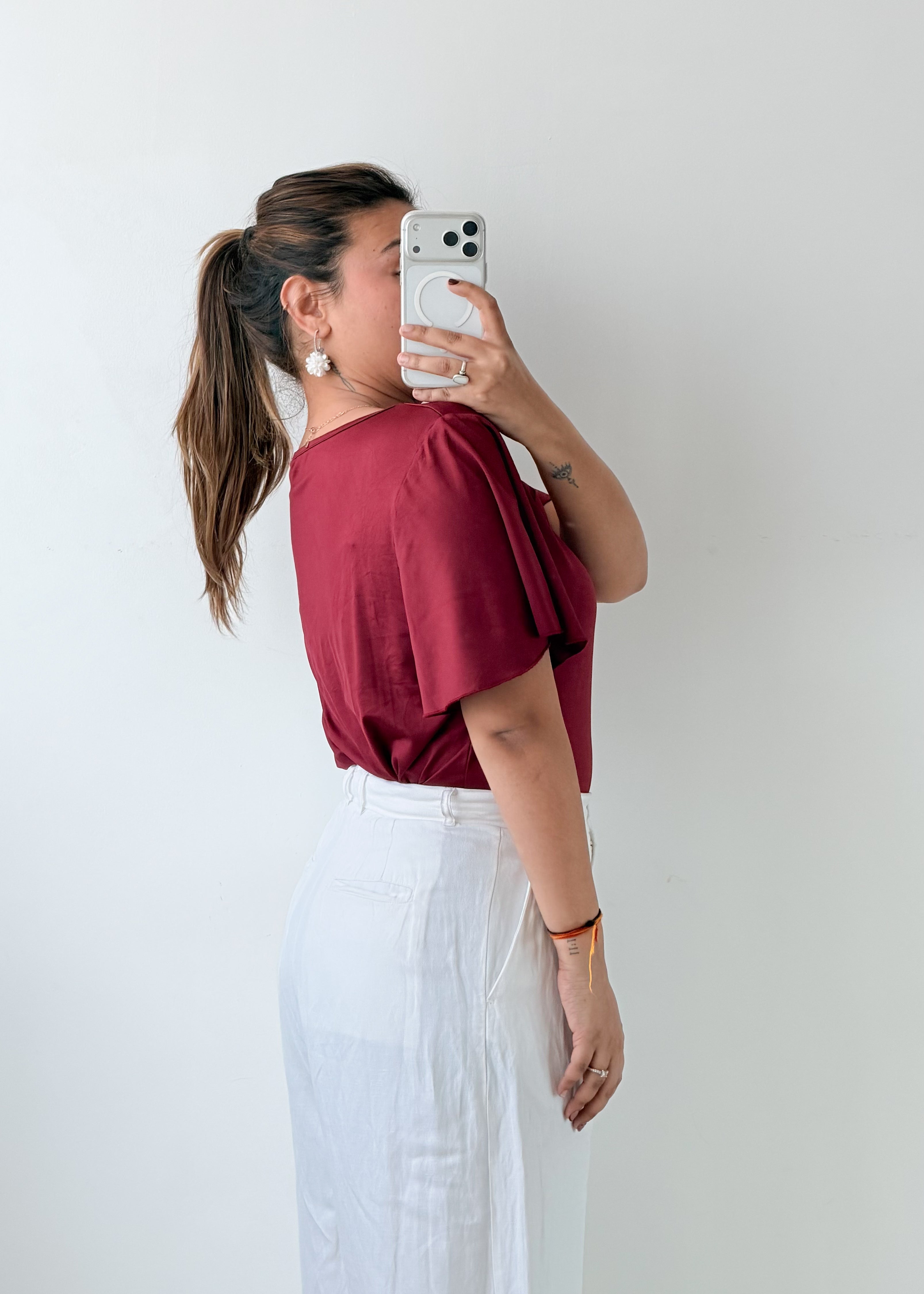 Size XL-2XL Wine Red Embellished V-Neck Bodysuit