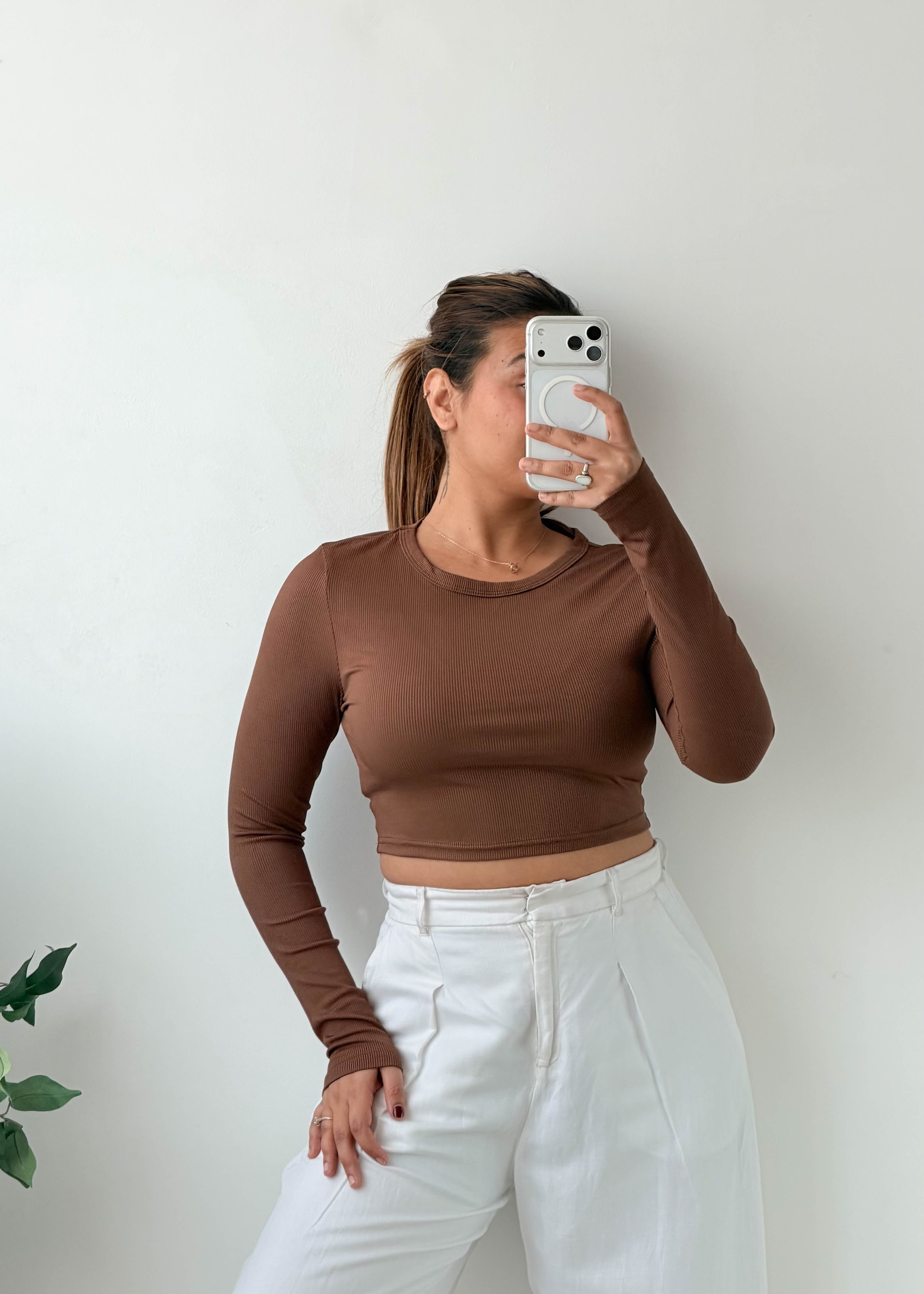 Size S-M Mocha Brown Round Neck Crop Top