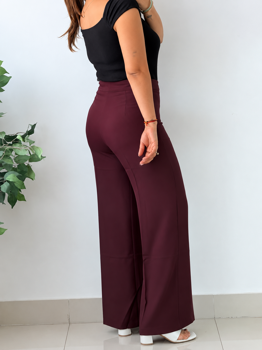 Waist 25 to 33, Burgundy Wide Leg Tailored Pants with Front Pleats