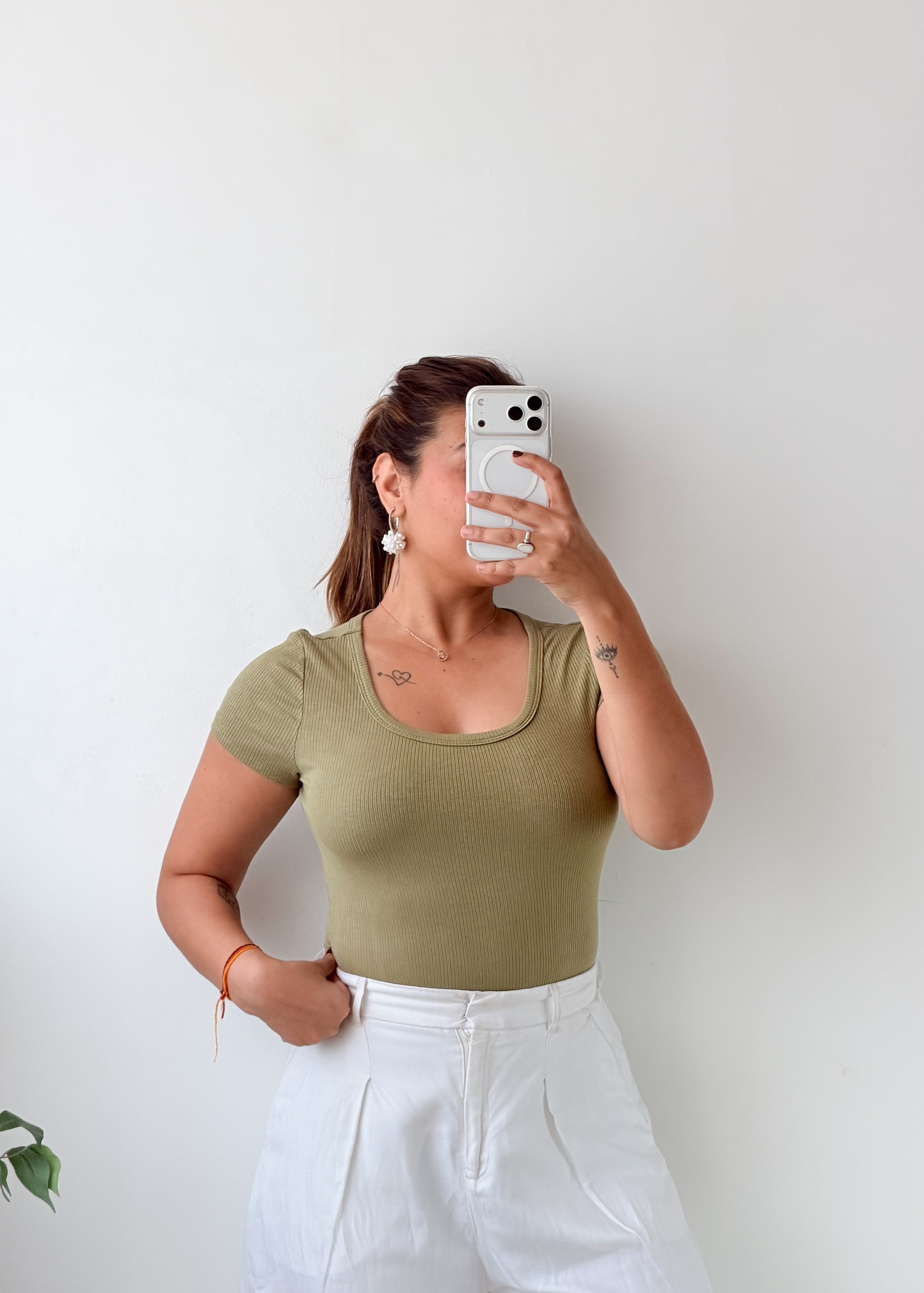 Size S-M Olive Green Scoop Neck Bodysuit
