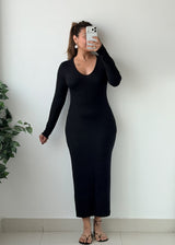 Size S-M Black Long Sleeve V-Neck Bodycon Maxi Dress