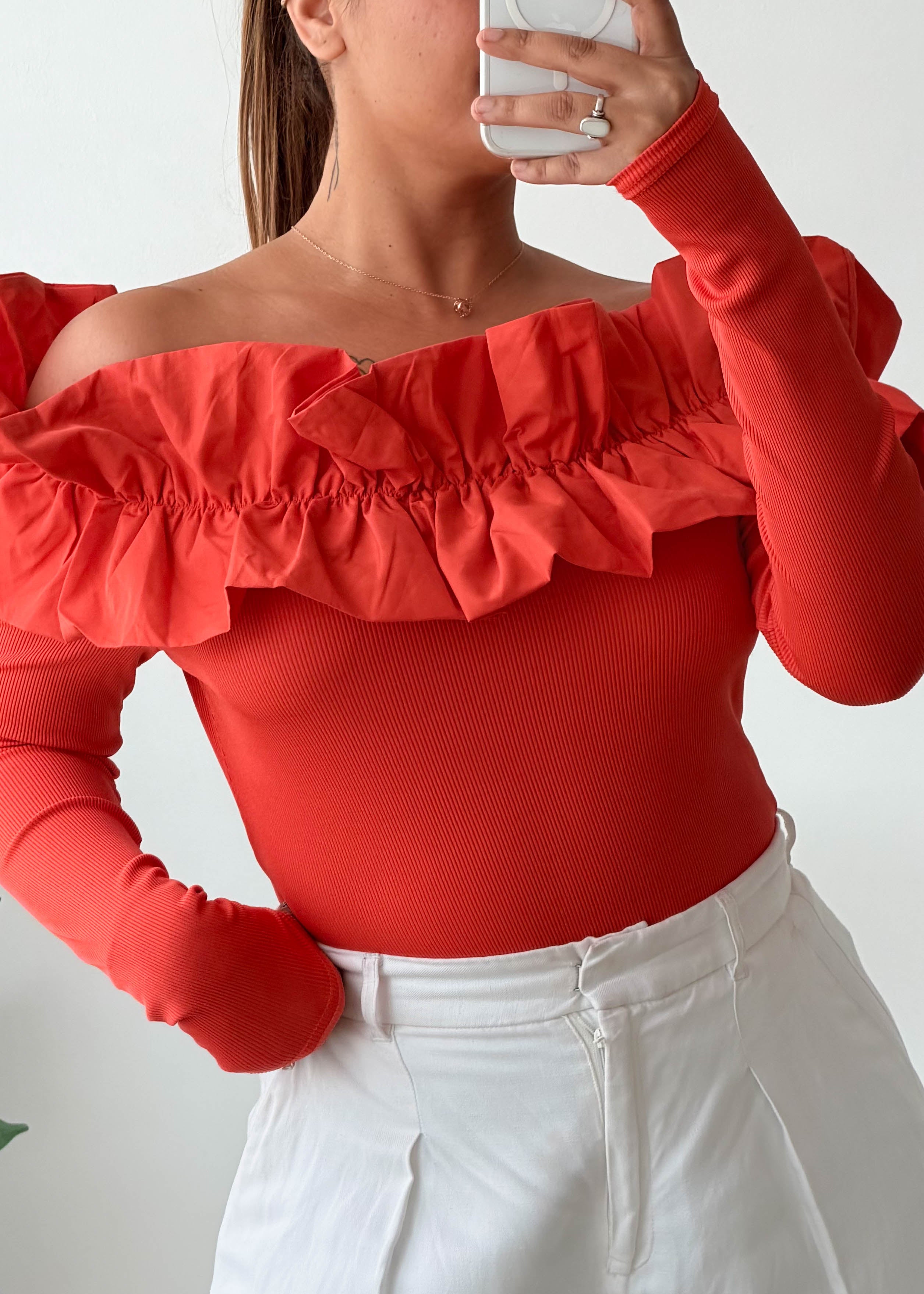 Size M-L Red Ruffle Off-Shoulder Top