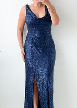 Size M-L Navy Blue Sequin Slit Maxi Dress