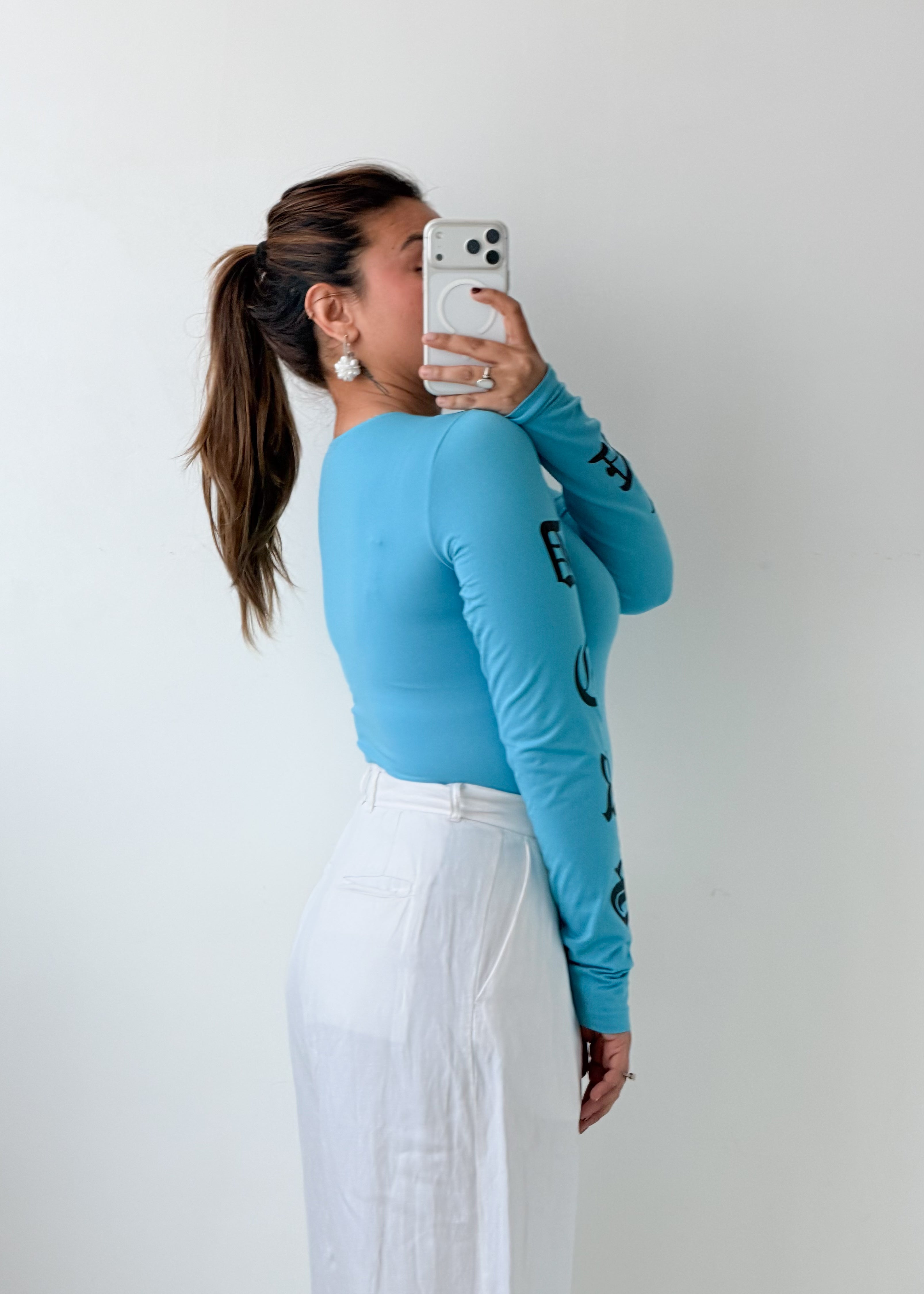 Size S-M Sky Blue Printed Sleeve Bodysuit