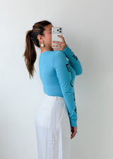 Size S-M Sky Blue Printed Sleeve Bodysuit