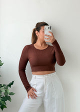Size S-M Brown Ribbed Open-Back Crop Top
