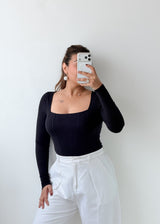 Size S-M Black Square Neck Long Sleeve Bodysuit