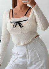 Size M-L White Ribbed Square Neck Top with Bow Detail