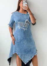 Size L-XL Light Blue Denim Graphic Midi Dress