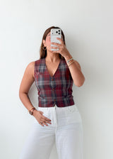 Bust 34, Maroon Plaid Button-Front Vest Top