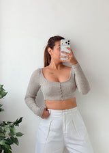 Size XS-S Grey Ribbed Button-Front Crop Top
