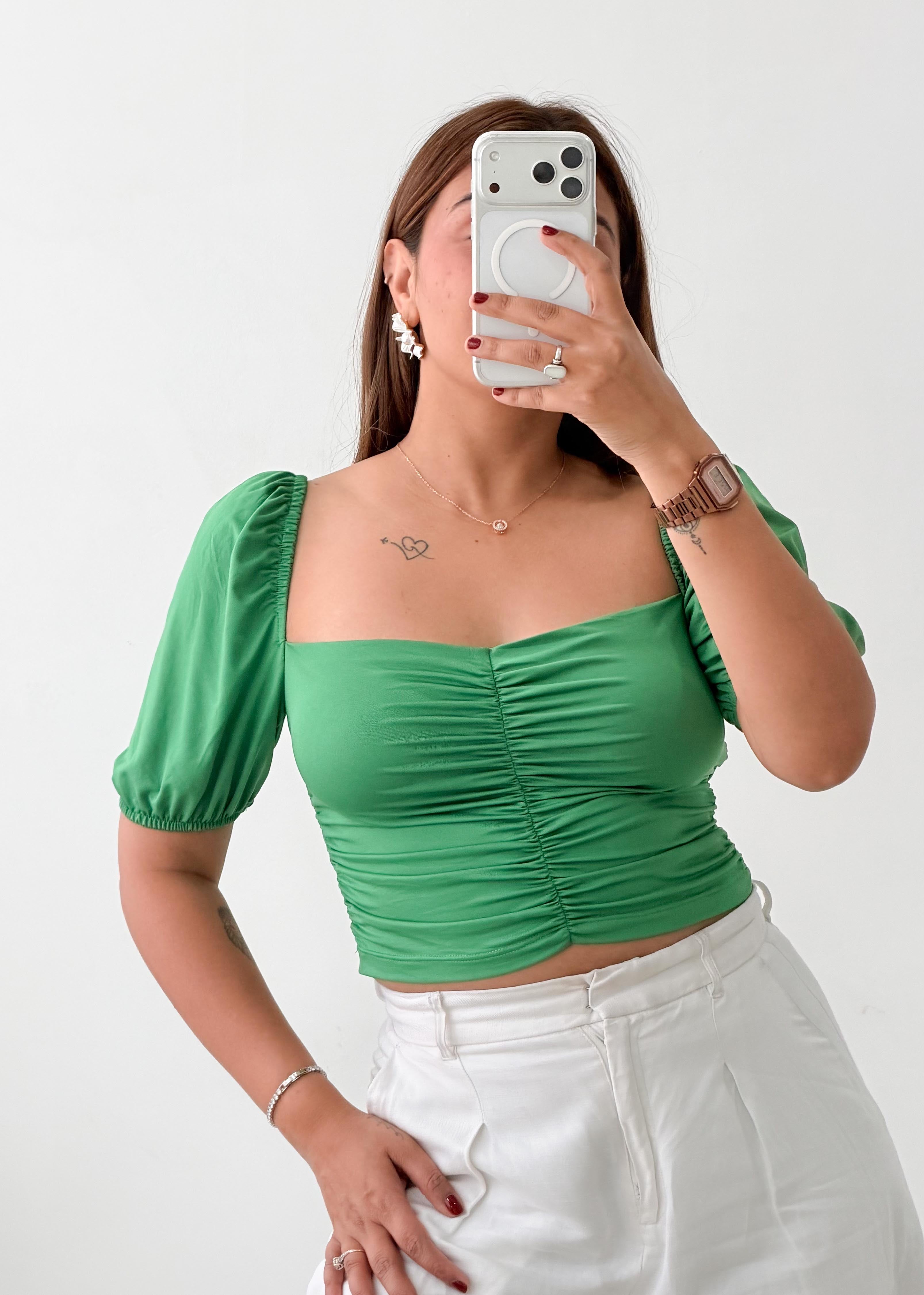 Size S-M Green Ruched Puff Sleeve Crop Top