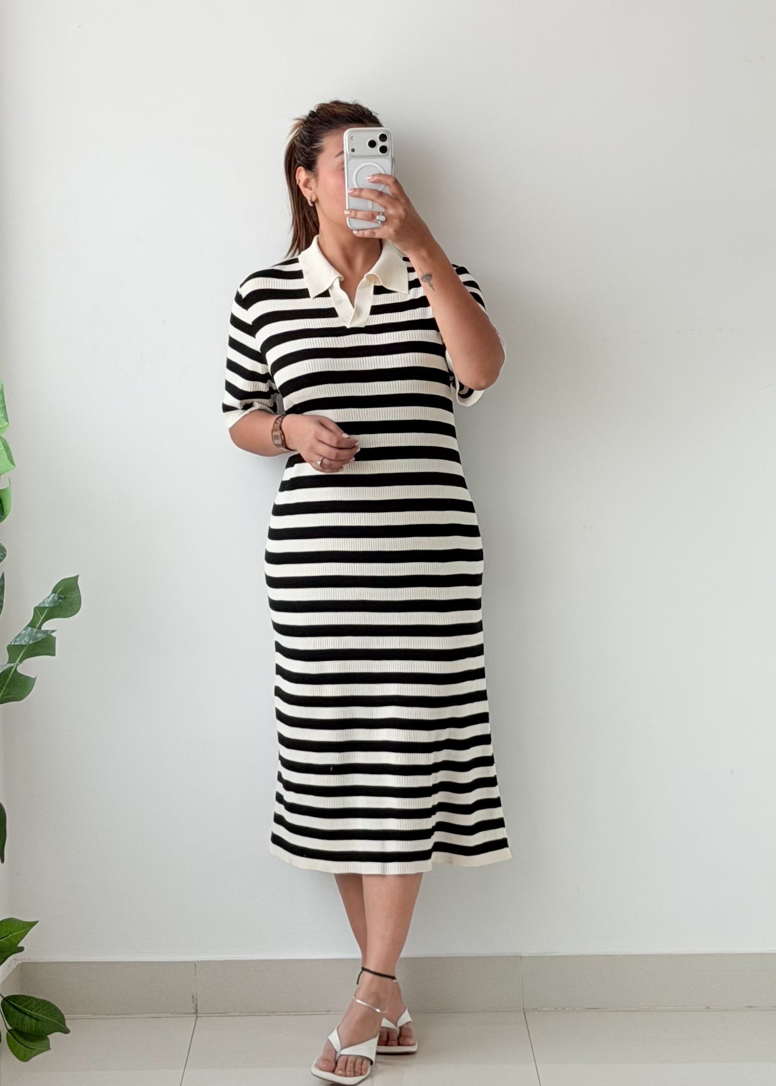 Size L-XL Black White Striped Polo Midi Dress