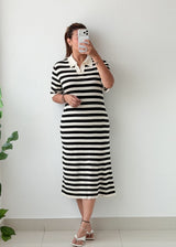 Size L-XL Black White Striped Polo Midi Dress