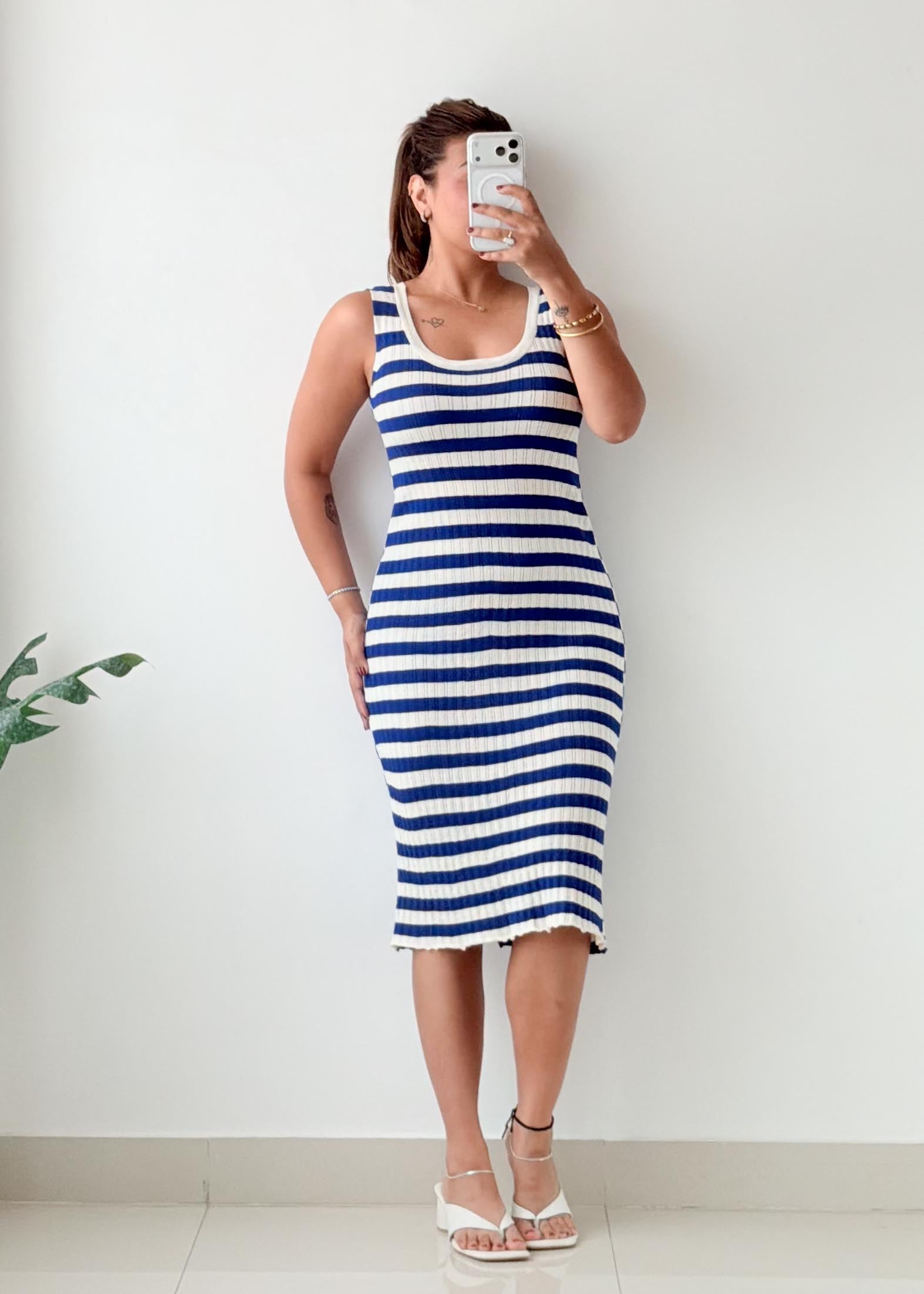 Size M-L Blue White Striped Midi Dress