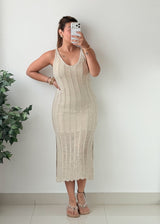 Size XS-S Beige Ribbed Crochet Midi Dress With Lining