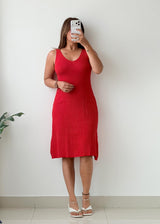 Size S-M Red Ribbed Fit & Flare Midi Dress