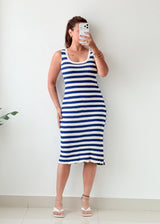 Size M-L Blue White Striped Midi Dress
