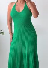 Size S-M Green Halter Neck Pleated Knit Midi Dress