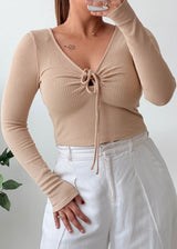 Size M-L Beige Tie-Front Ribbed Top