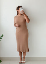 Size M-L Beige Checked Bodycon Midi Dress