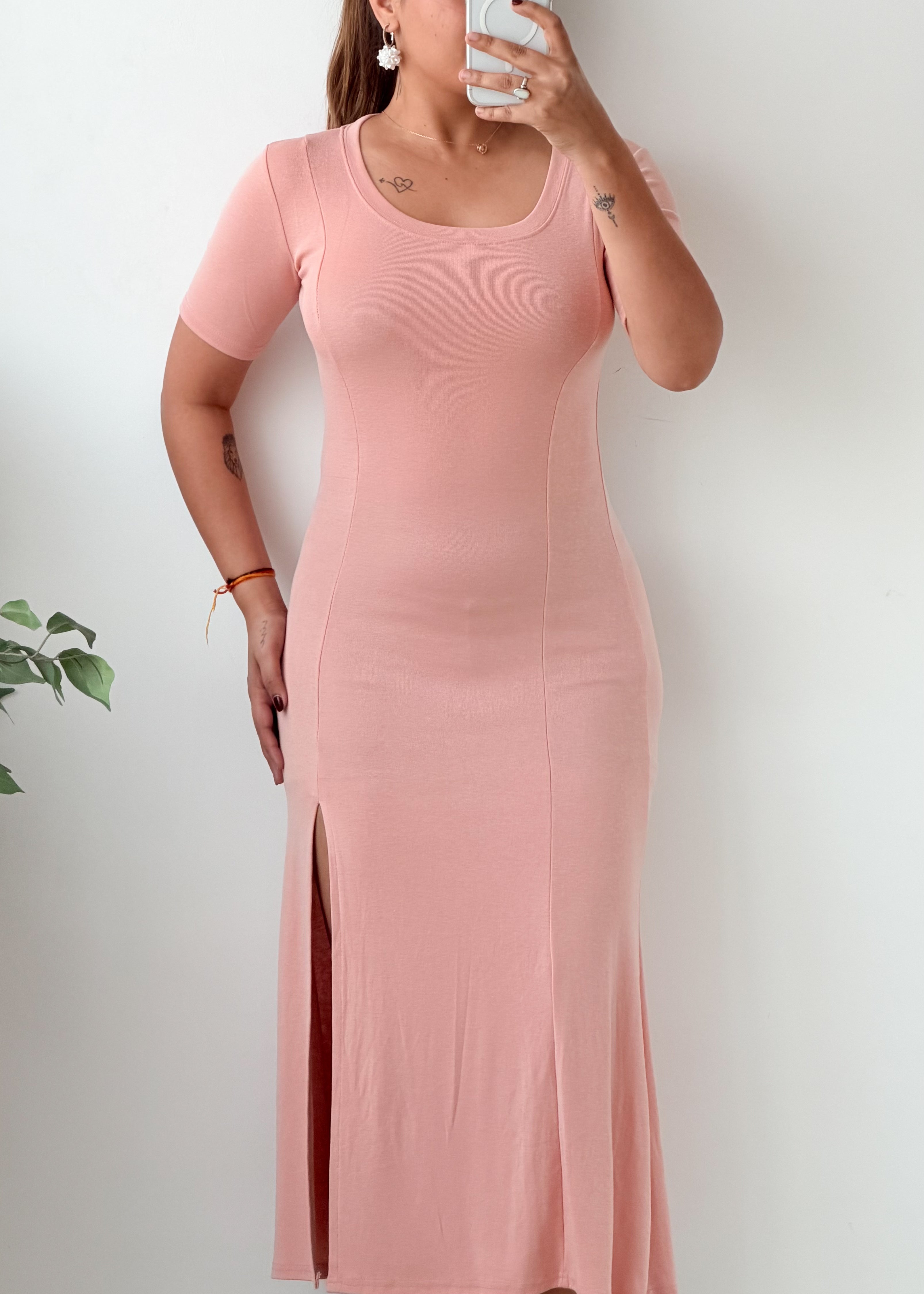Size XS-S Peach Pink Short Sleeve Slit Maxi Dress