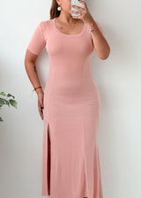 Size XS-S Peach Pink Short Sleeve Slit Maxi Dress