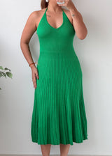 Size S-M Green Halter Neck Pleated Knit Midi Dress