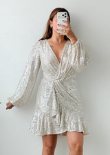 Size L-XL Silver Sequin Wrap Mini Dress