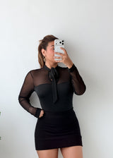 Size M-L Black Sheer Tie-Neck Bodysuit