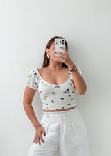 Size XS-S White Blue Floral Crop Top