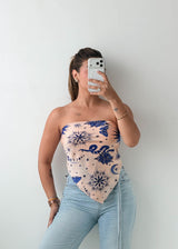 Cream Blue Printed Convertible Scarf Top