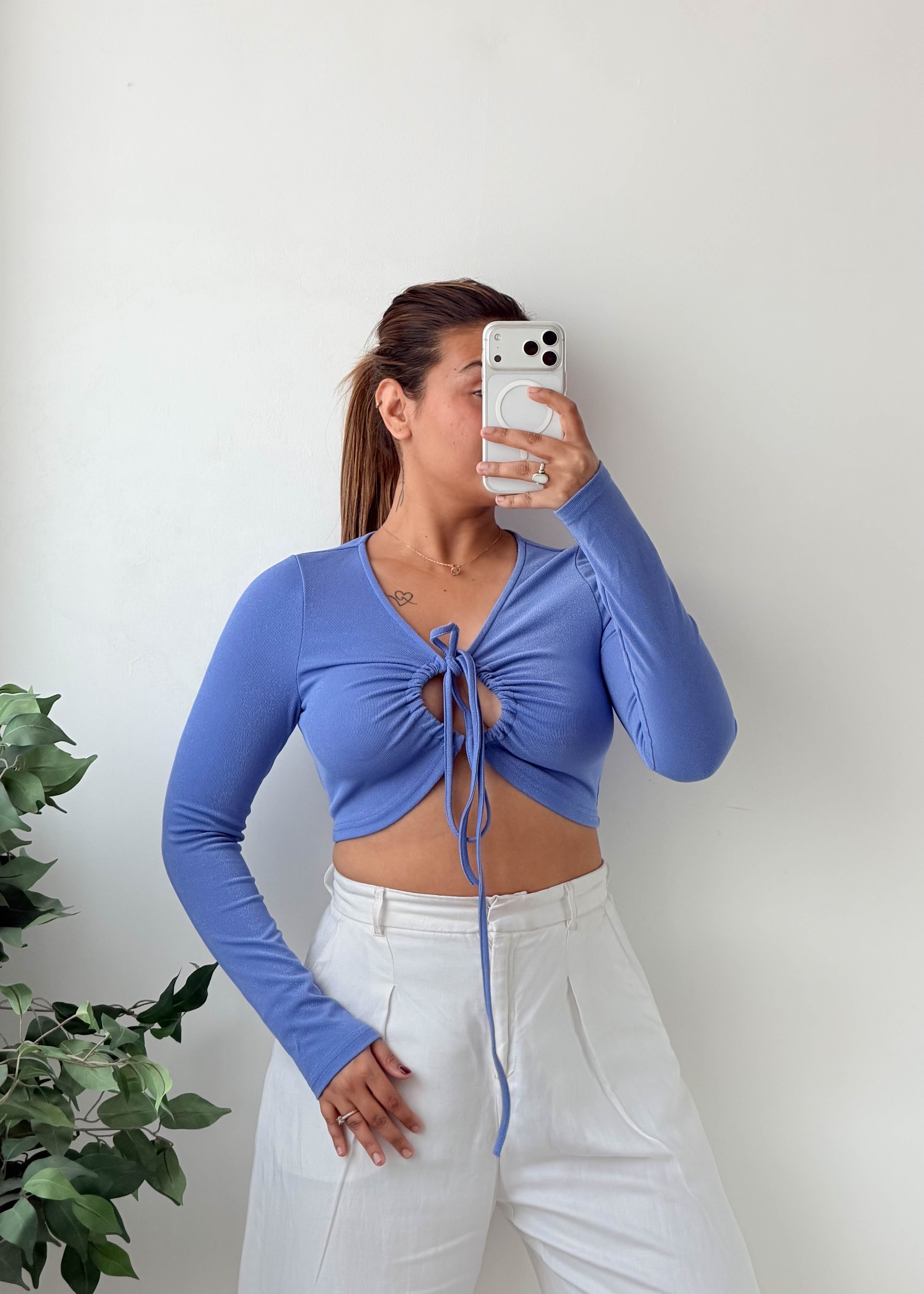 Size S-M Blue Ruched Tie-Front Crop Top