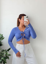 Size S-M Blue Ruched Tie-Front Crop Top