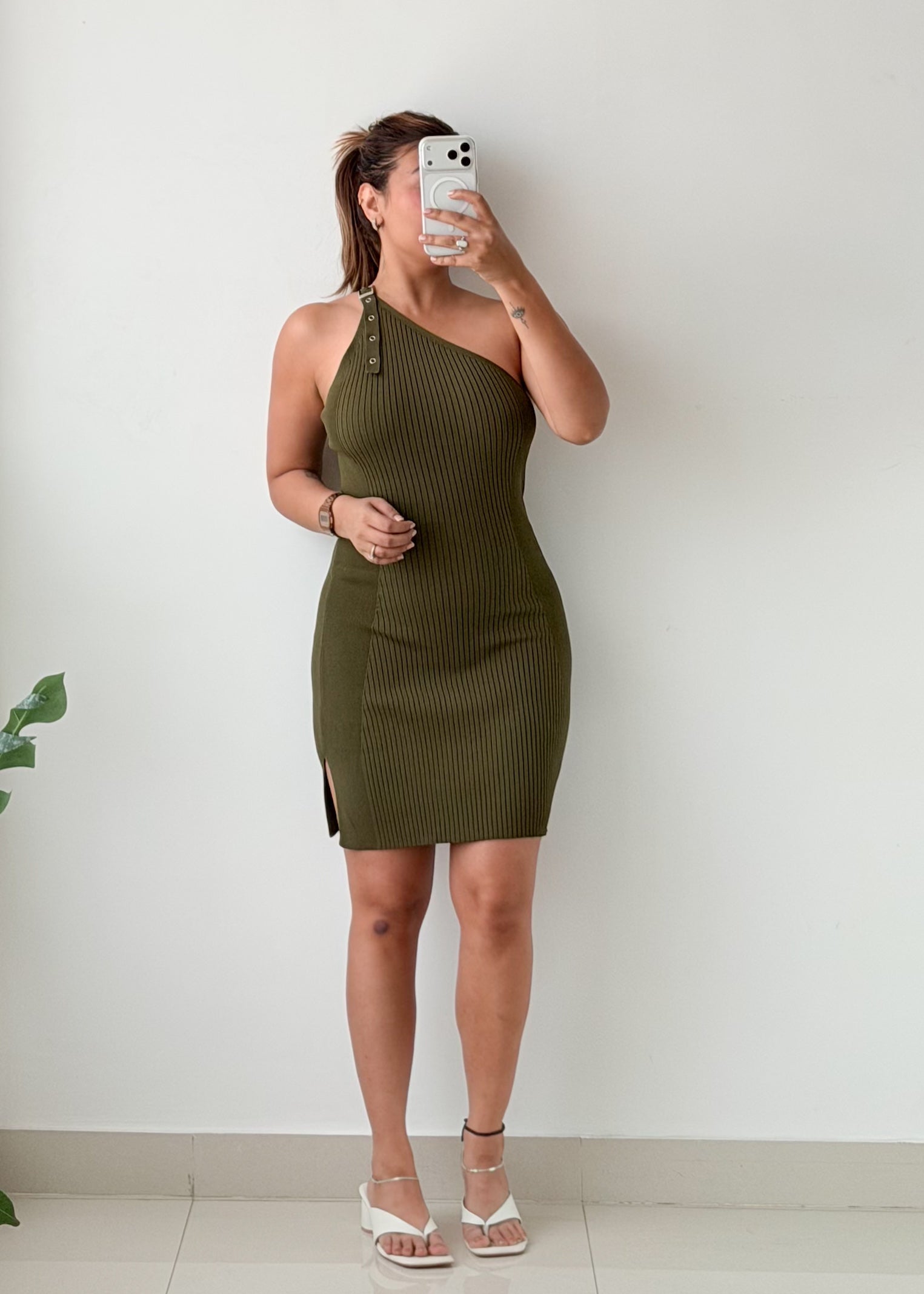 Size S-M Olive Green One Shoulder Midi Dress